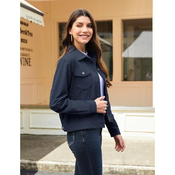 Women Navy Corduroy Cropped Shacket Button Down Long Sleeve Casual Coat - Picture 3 of 6